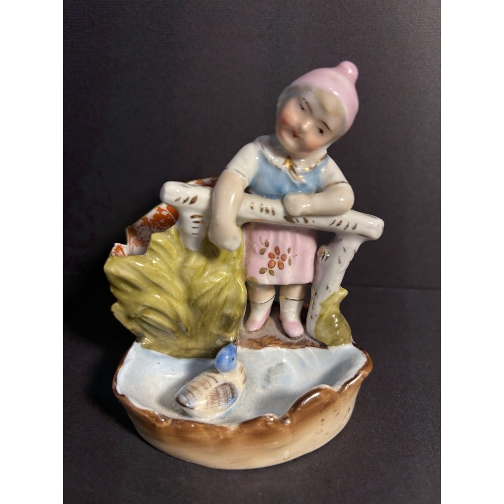 Vintage Porcelain Match Holder Girl by Fence with Duck Pond Cottage Figurine